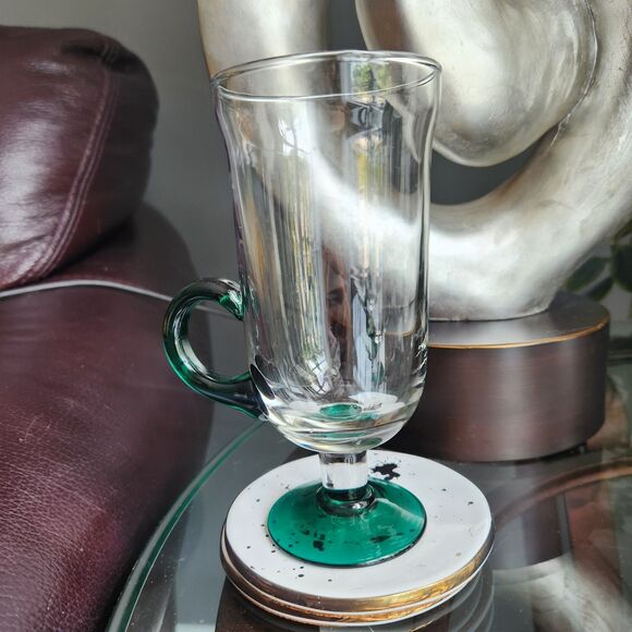 Set of 4 Vtg Pedestal Glass Irish Coffee Bar Mugs w/ Green Accent MCM Art Deco - Picture 3 of 9